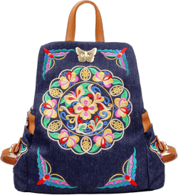 Jursccu Denim Embroidered Floral Canvas Backpacks for Women Anti theft Retro Jeans Travel Ethnic Style Shoulder Bag (Jean Navy Blue) one-size