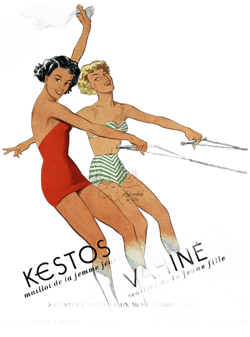 1949 Kestos Beachwear Vintage Fashion Ad - Women Waterskiing Illustration