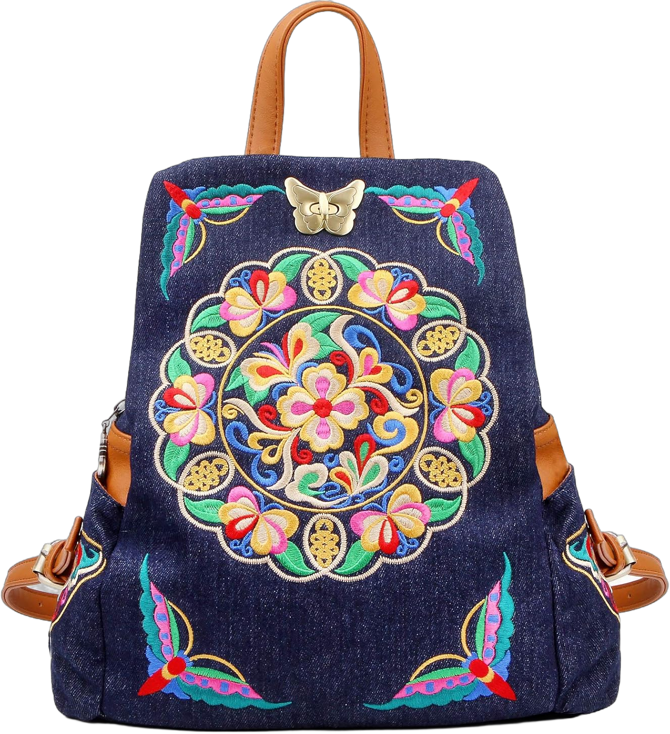 Jursccu Denim Embroidered Floral Canvas Backpacks for Women Anti theft Retro Jeans Travel Ethnic Style Shoulder Bag (Jean Navy Blue) one-size