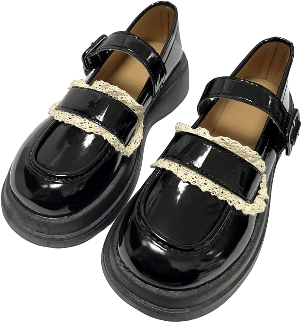 Women Y2K Harajuku Kawaii Goth Lolita Round Toe Chunky Heels White Lace Decor Platform Mary Jane Shoes 8 Black